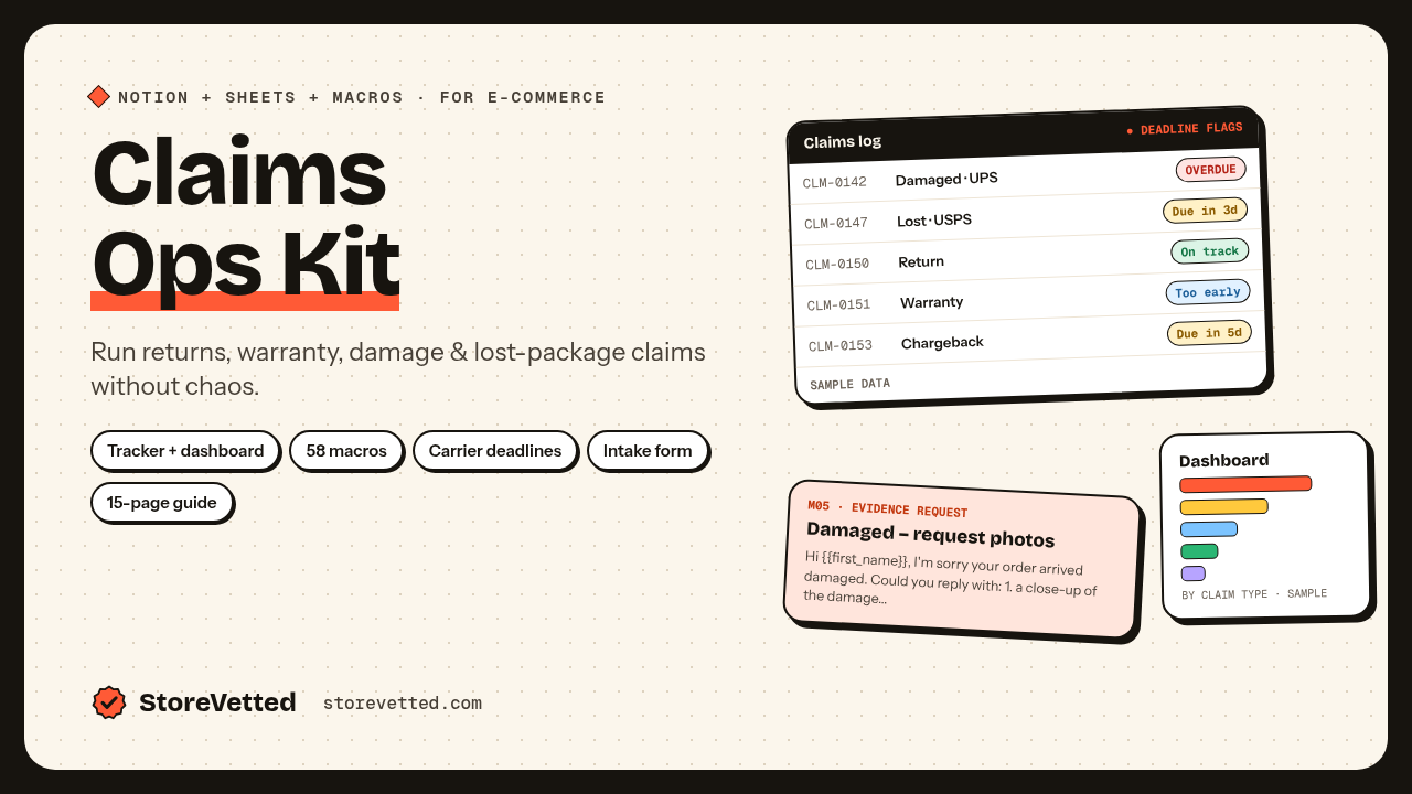 Claims Ops Kit cover: a claims tracker spreadsheet with carrier deadline flags, reply macros and an evidence checklist